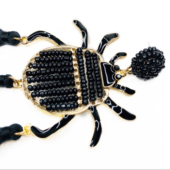 BLACK BEETLE STATEMENT BEADED BUG EARRINGS TASSEL - Picture 5 of 6